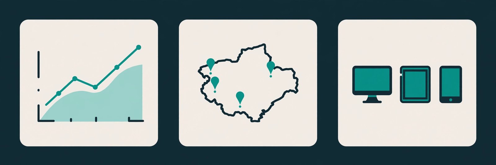 Analytics dashboard illustration with click trend chart, country map pins, and device icons in Urlzbit navy and teal