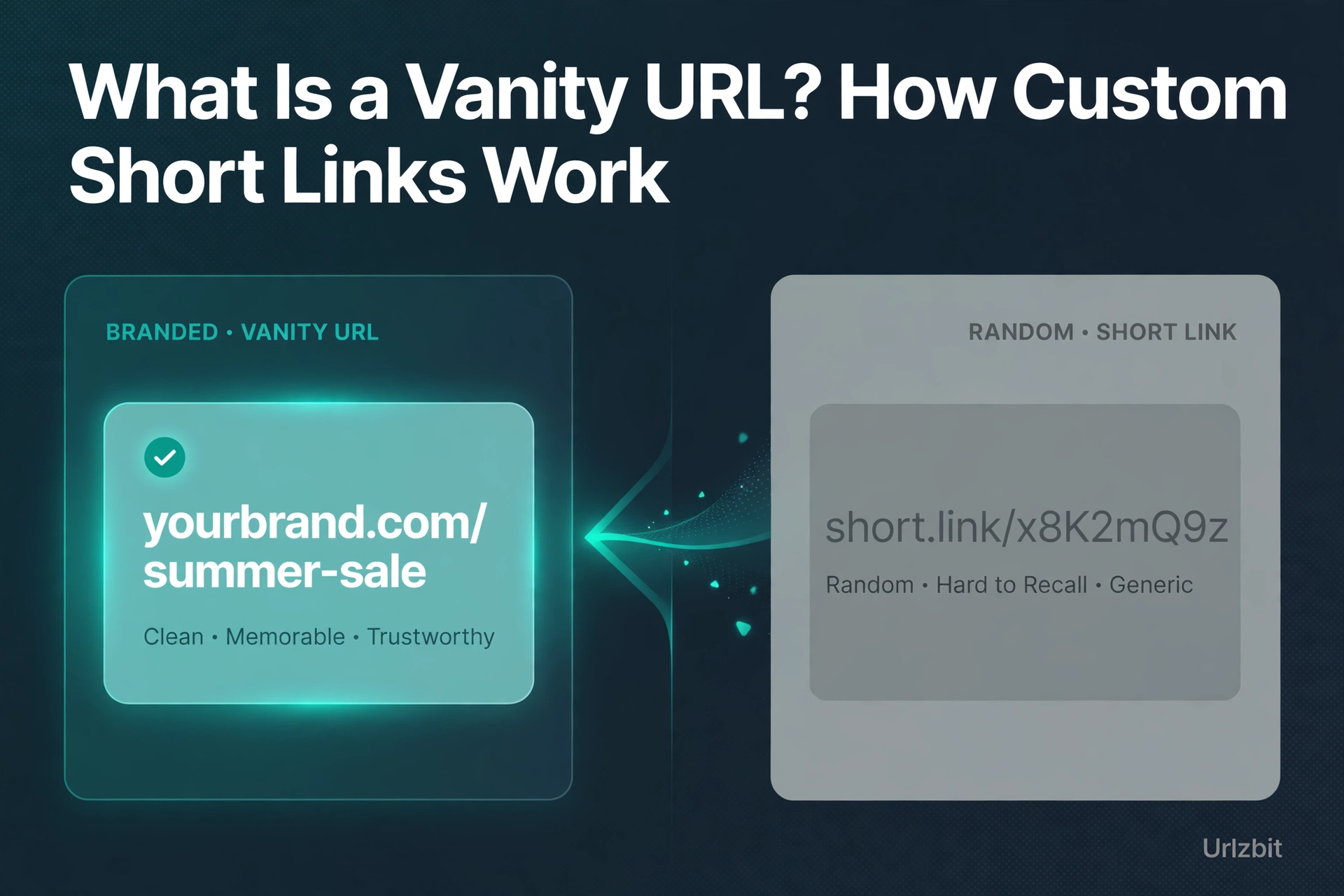Branded vanity URL yourbrand.com/summer-sale compared with a random-character short link, illustrated in Urlzbit navy and teal