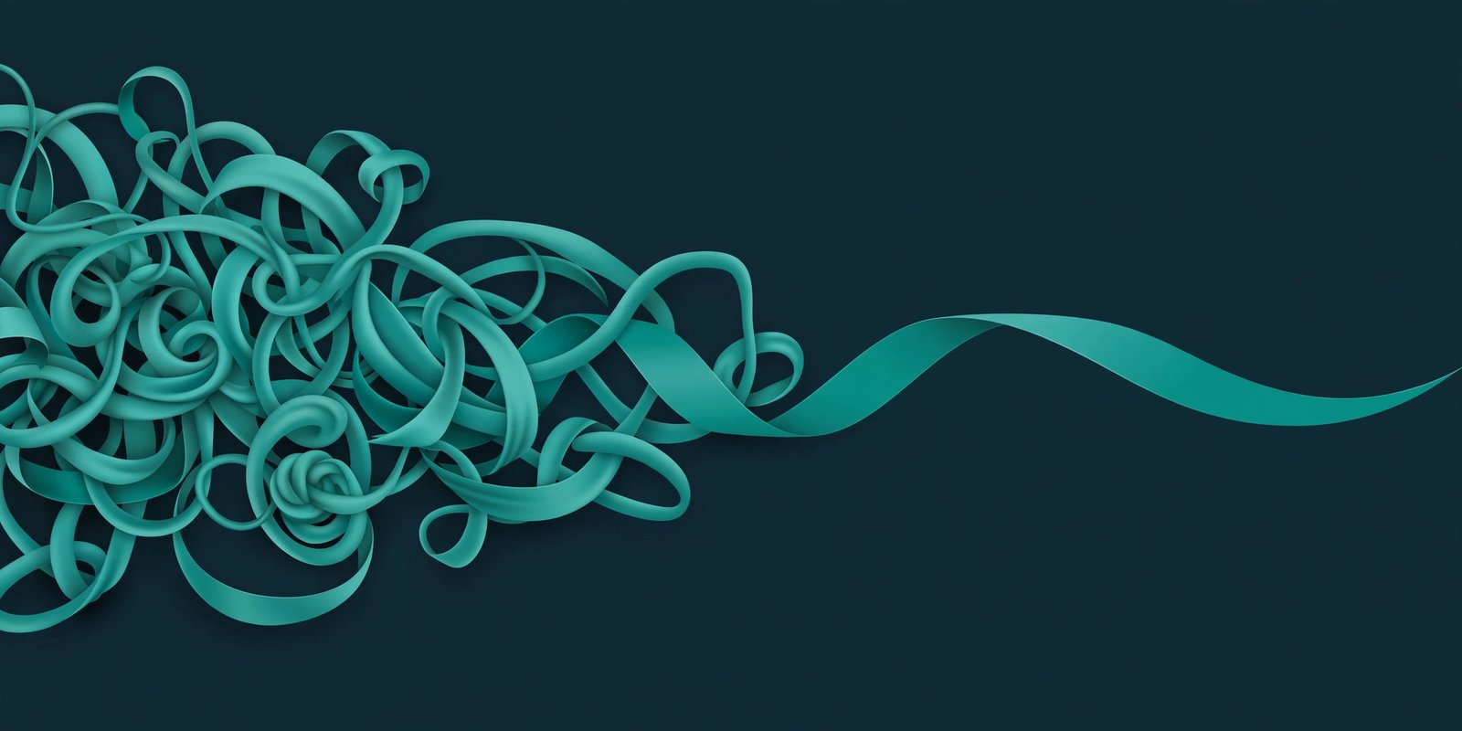A tangled teal ribbon untangling into a single clean short link on a dark navy background, illustrating how a URL shortener turns a long messy address into a short link